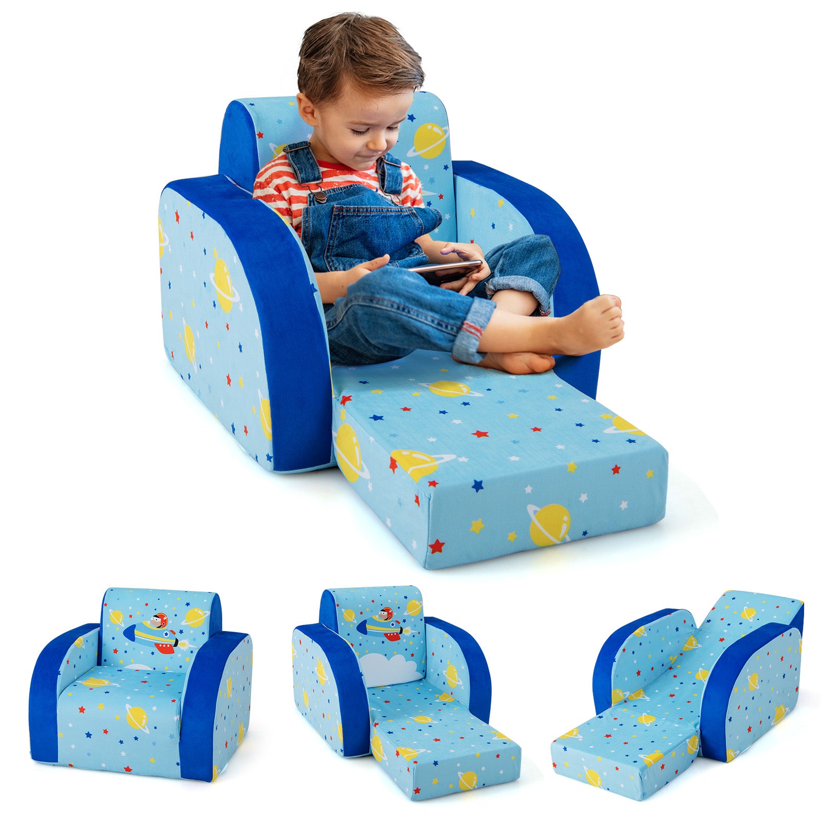 Convertible children's chair transformed into a lounger