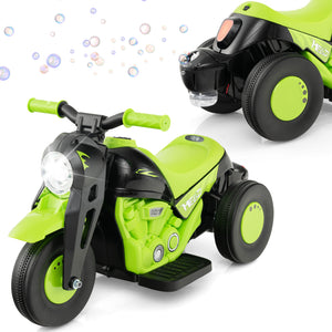Green and black toy motorcycle with bubble-making feature on a white background