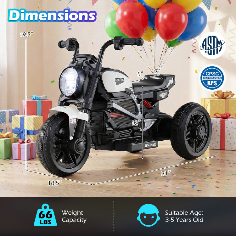 Children's toy motorcycle with dimensions and safety certification logos on a festive background.