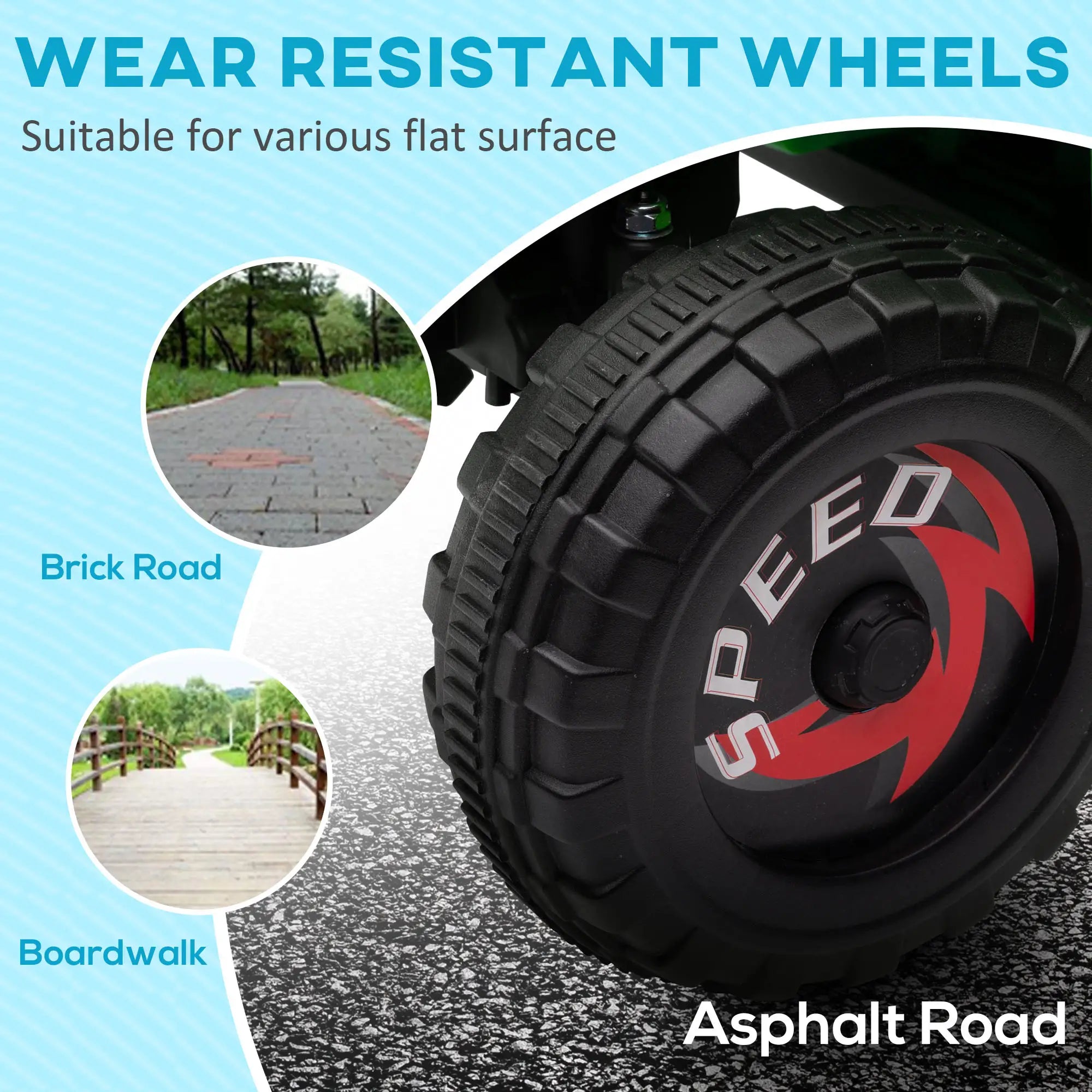 Wear-resistant wheel with 'Speed' branding on an asphalt road, suitable for various flat surfaces.