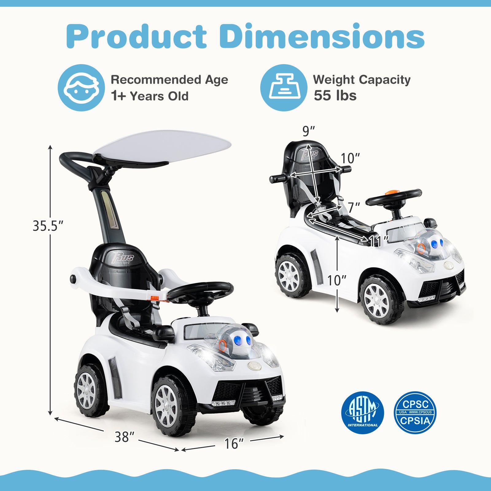 Measurement chart of a children's toy car with dimensions and safety certifications.
