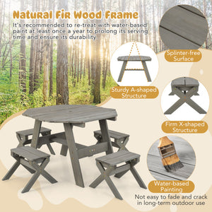 Wooden picnic table set with features highlighted in a forest setting