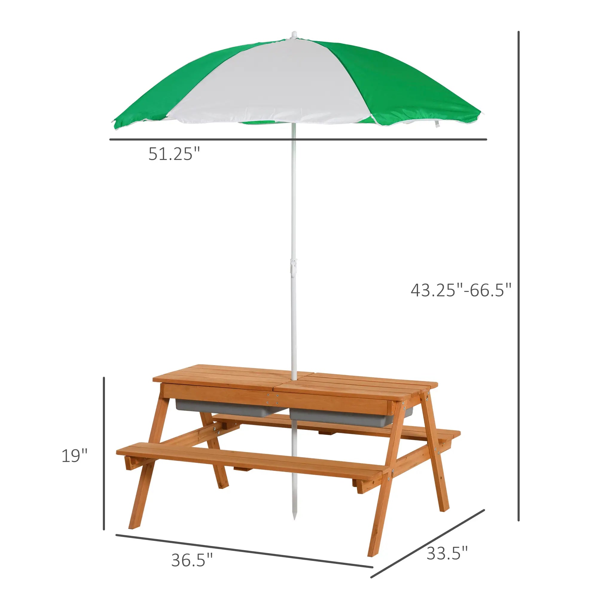 Wooden picnic table with green and white umbrella and dimensions on a white background