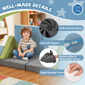 Children's play area with a sofa, cushions, and toys, featuring text on product features.