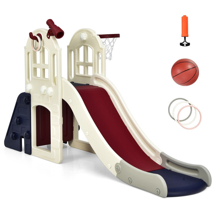 Children's playset with slide, basketball hoop, and basketball on a white background