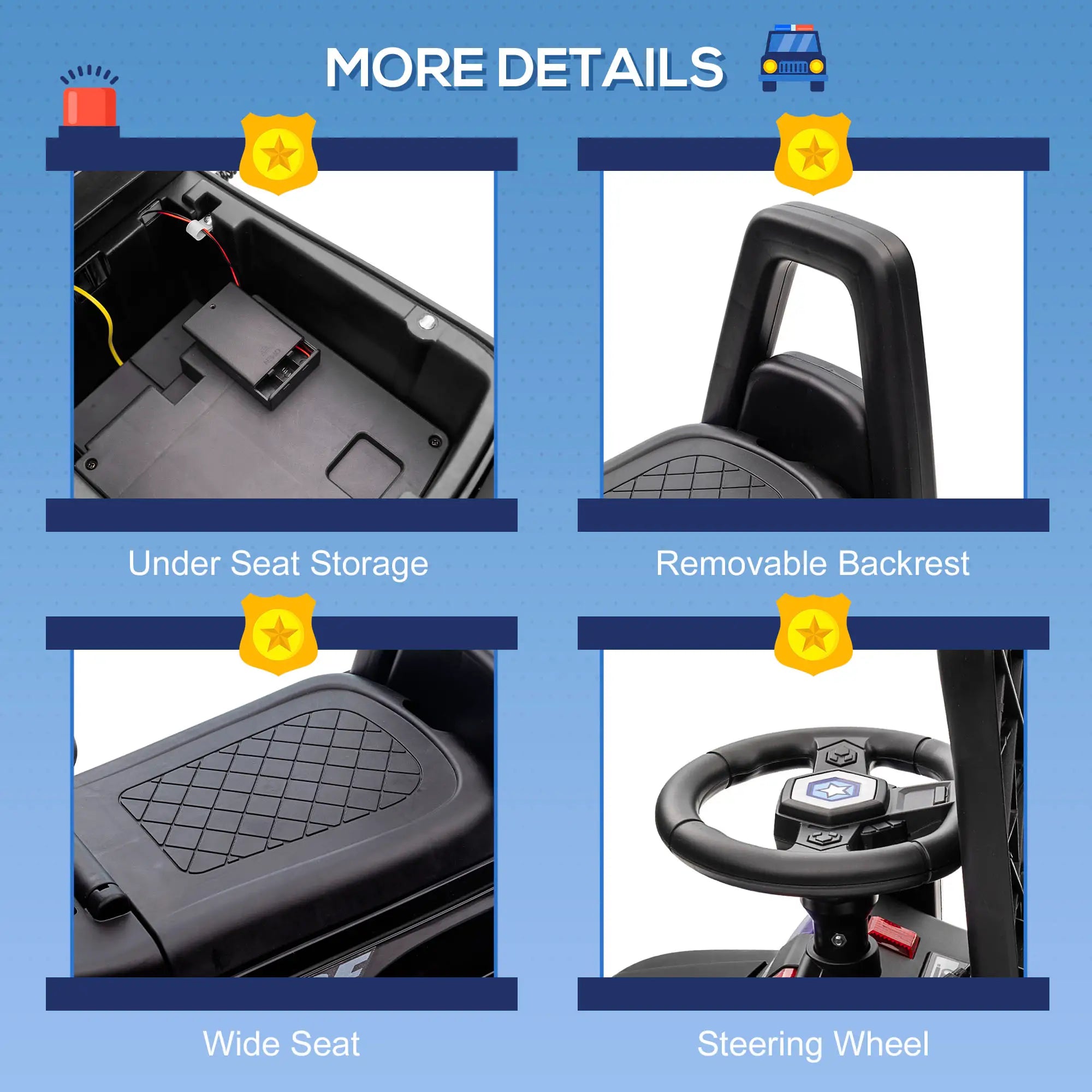 Features of a toy police car with under seat storage, removable backrest, wide seat, and steering wheel on a blue background.