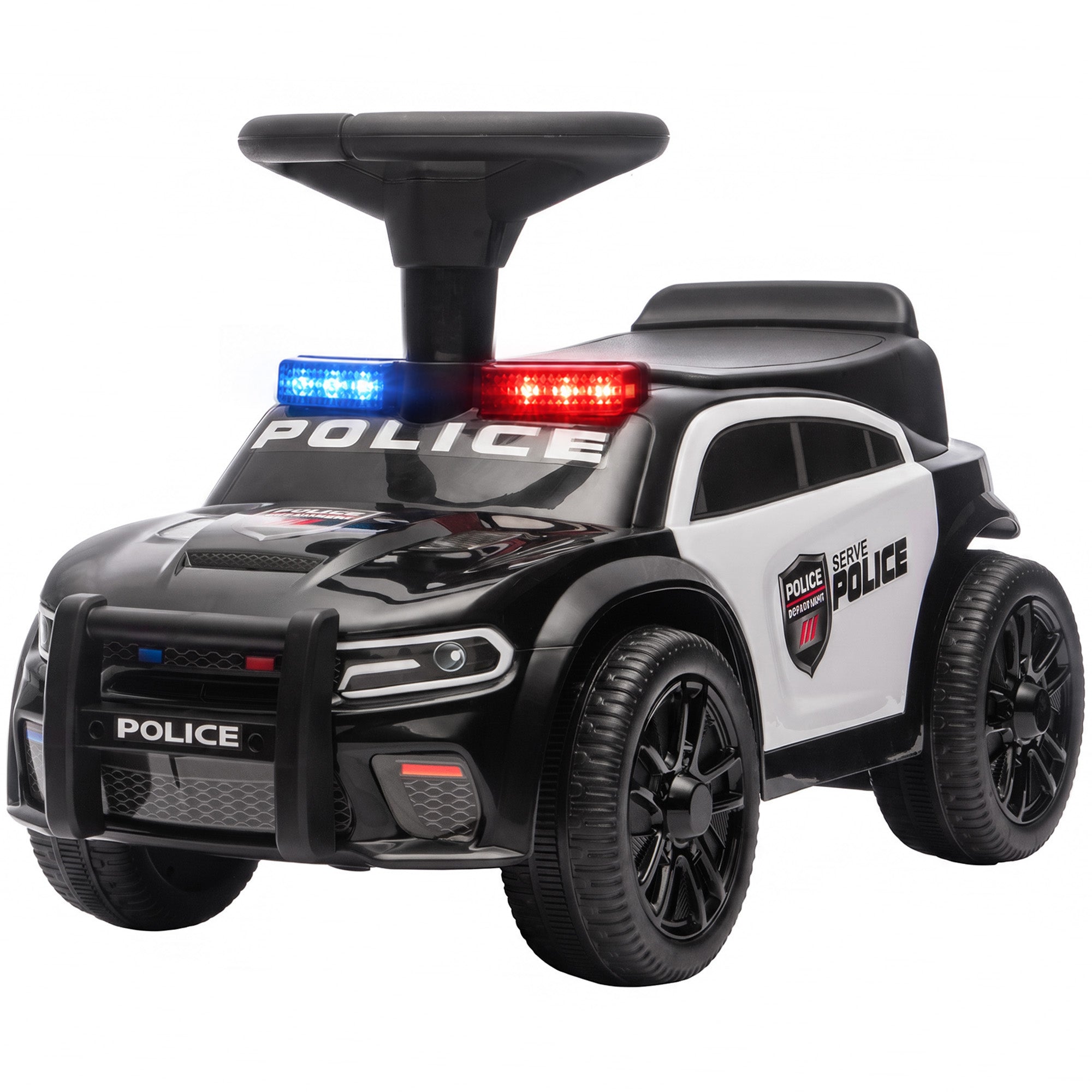 Black and white police car ride-on toy with red and blue flashing lights, a handlebar, and 'POLICE' markings on a clean white background.