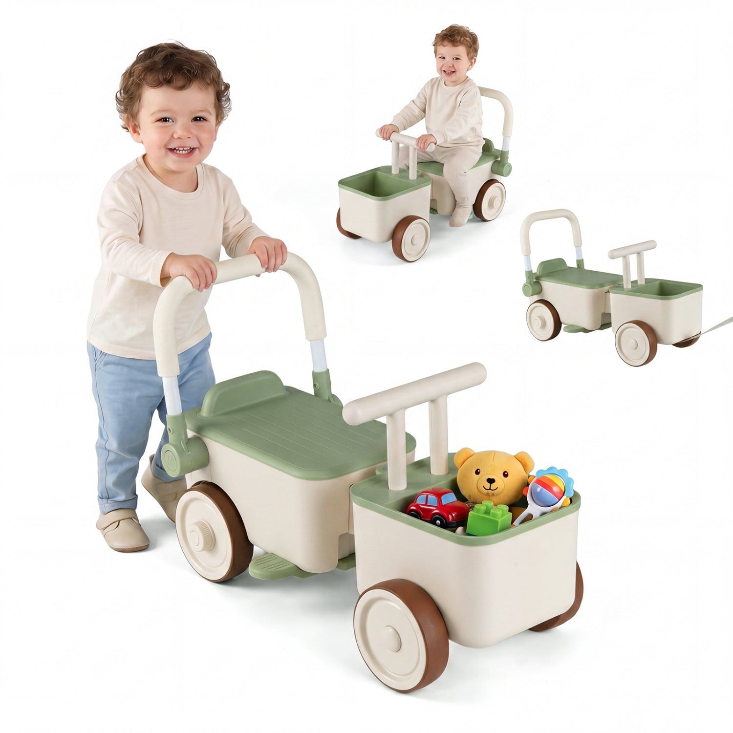 Child playing with a toy wagon on a white background