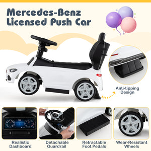 Mercedes-Benz licensed push car with features highlighted on a yellow background