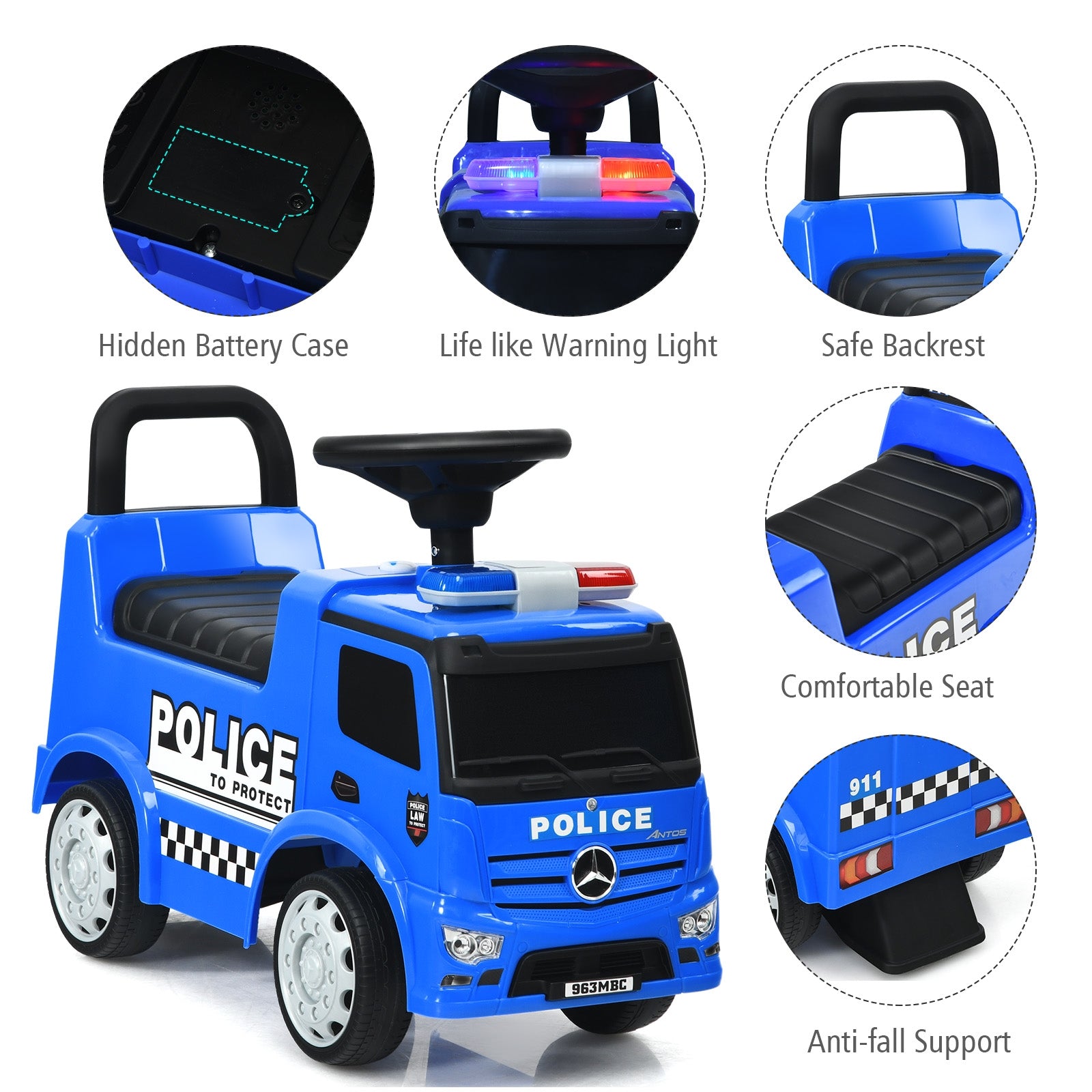 Blue police toy car with features highlighted on a white background