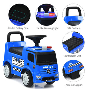 Blue police toy car with features highlighted on a white background