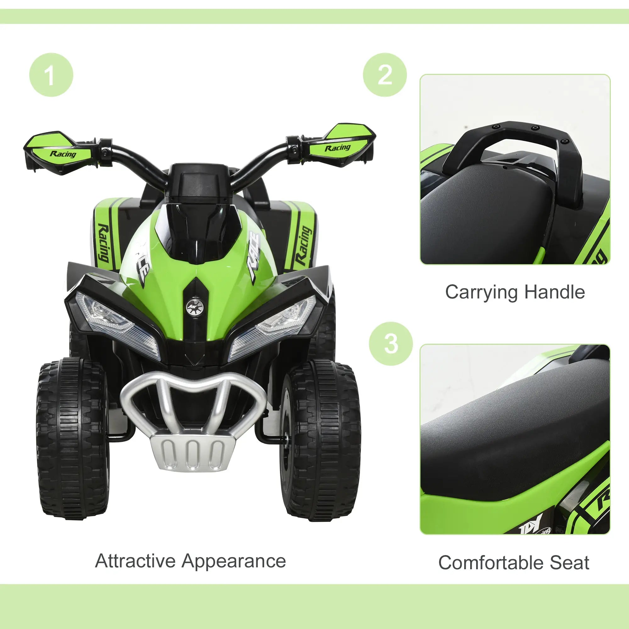 Green and black toy ATV with close-up details on a white background