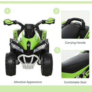 Green and black toy ATV with close-up details on a white background