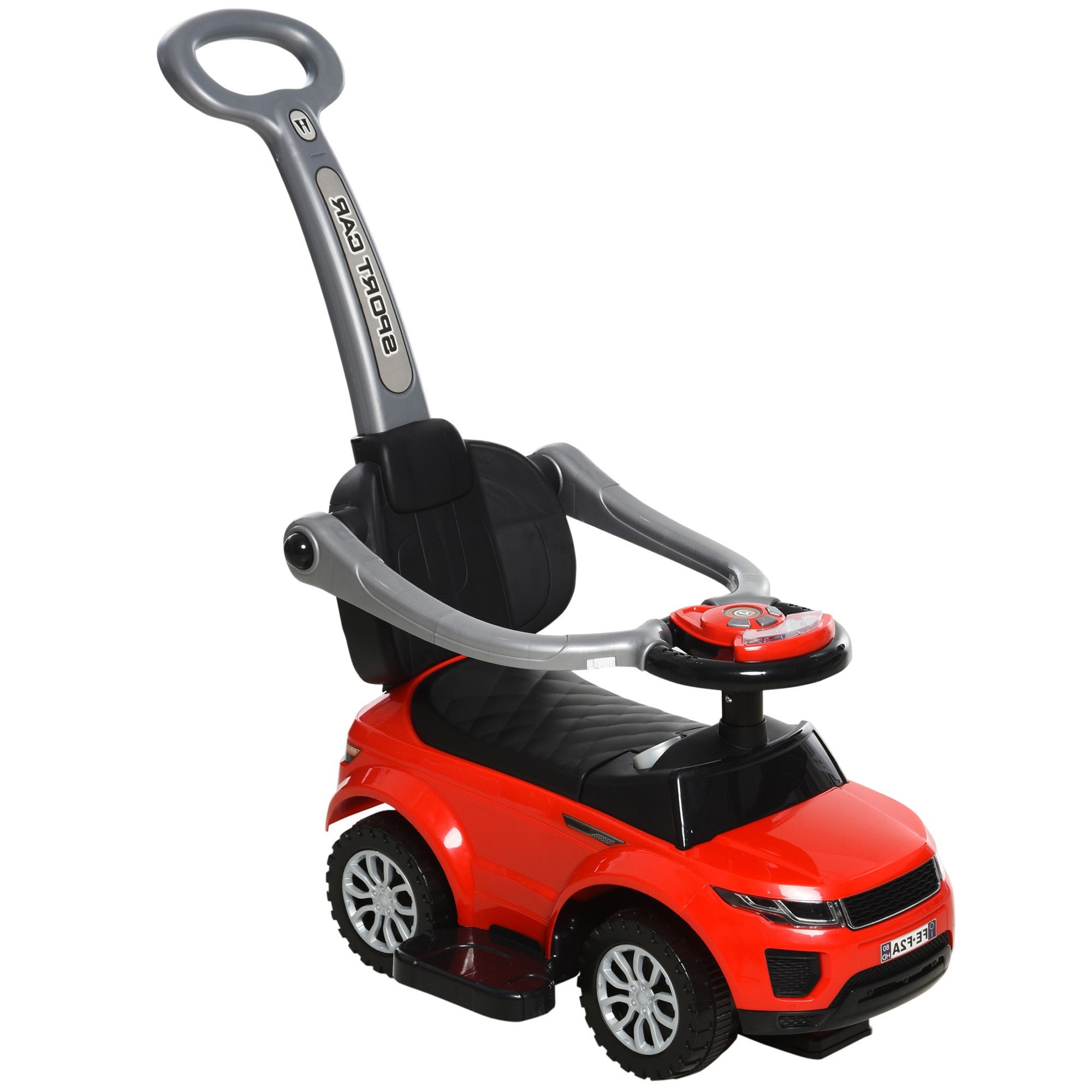 Red toy car with gray handle on a white background