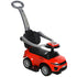 Red toy car with gray handle on a white background