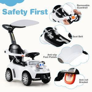 Children's push car with safety features highlighted on a white background