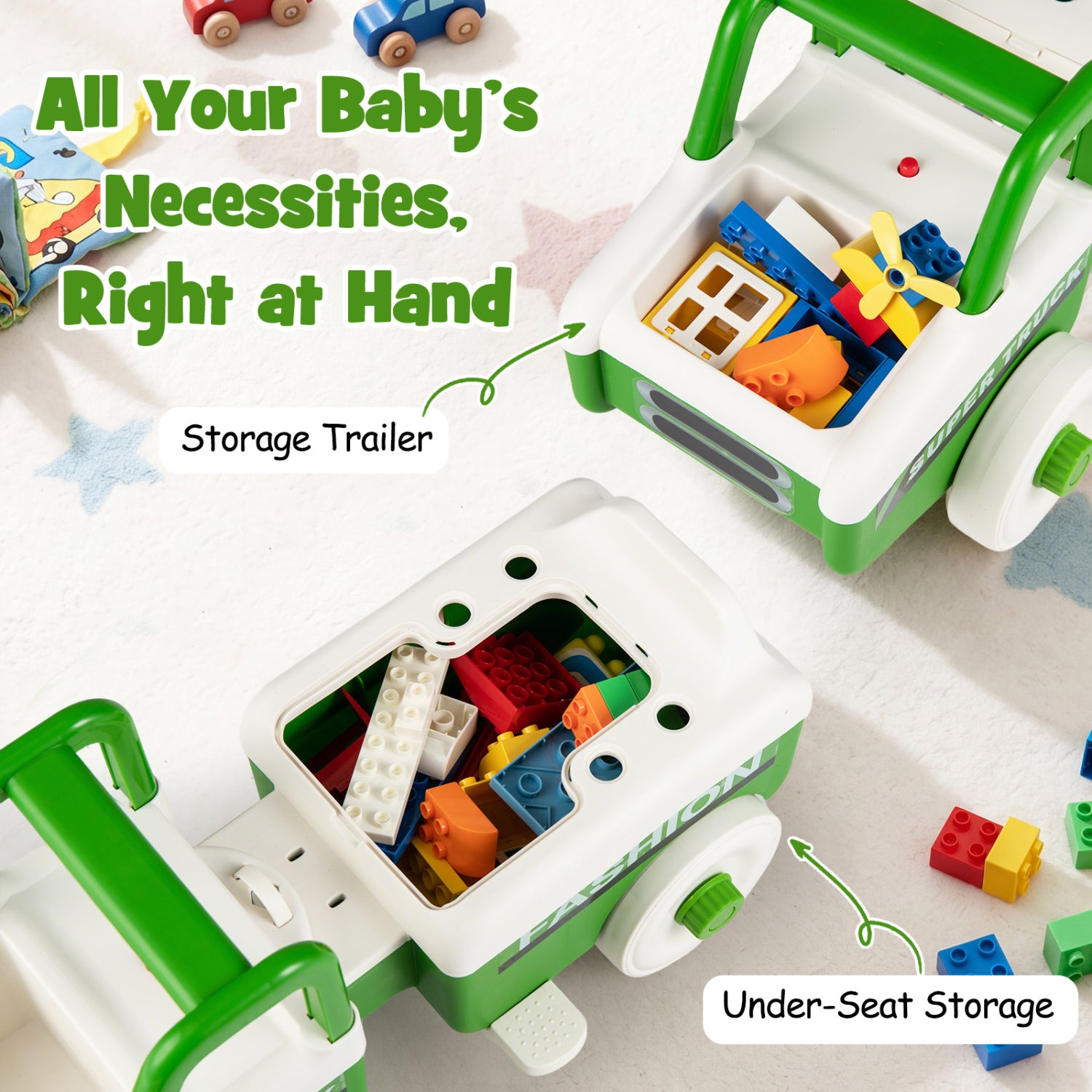 Toy storage trailer with colorful blocks and text highlighting its features.
