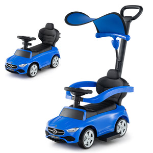 Blue children's push toy car with steering wheel and seat on a white background