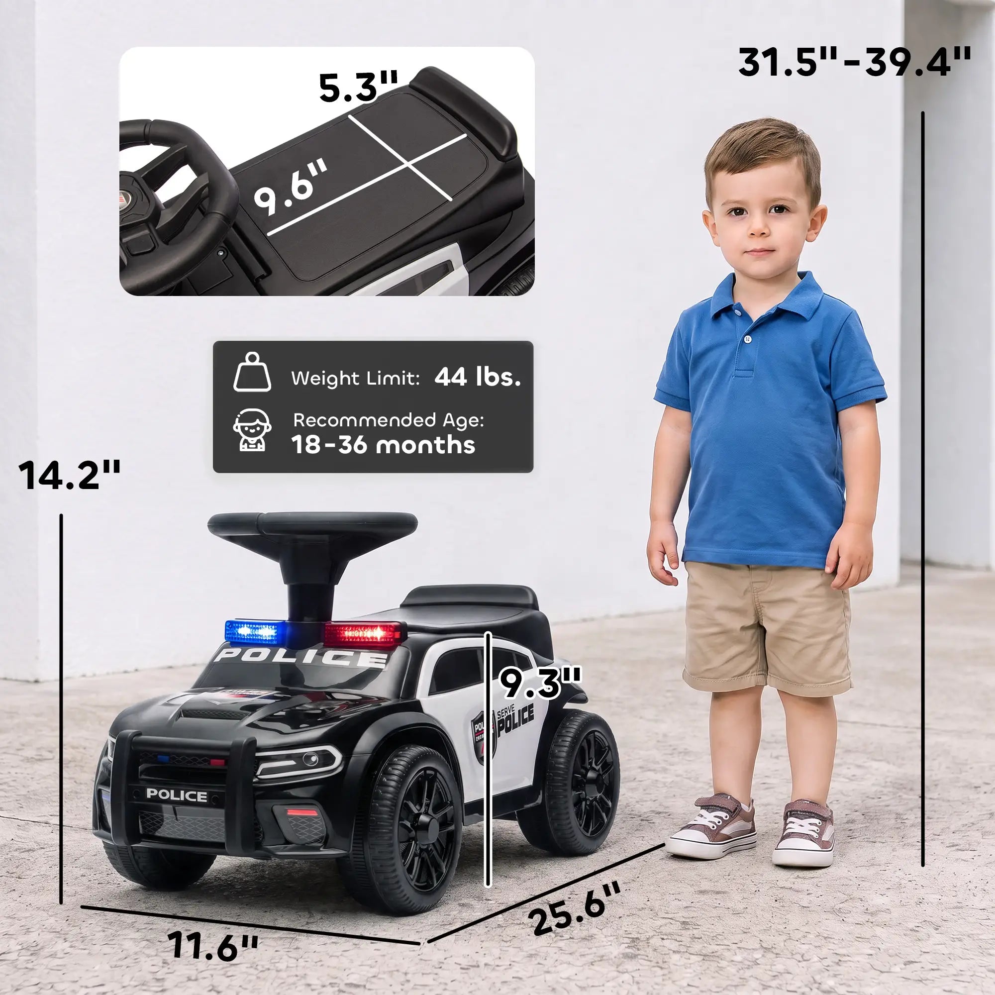 A child's ride-on toy police car shown with a child standing beside it, overlaid with multiple dimension callouts and a small inset close-up of the hood. The image communicates product size measurements rather than serving as a clean standalone product photo, so subject_type is Measurement Chart.