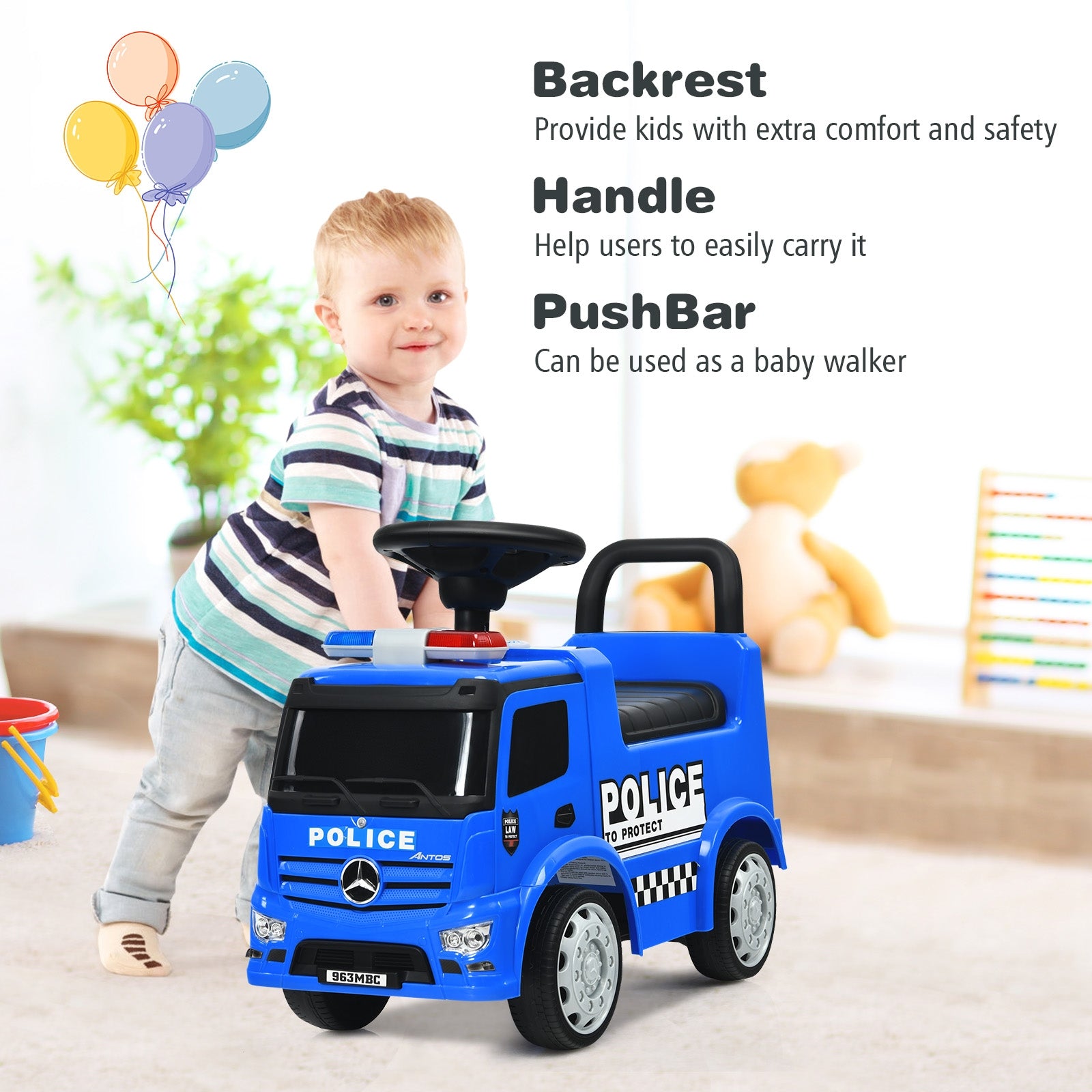 Child playing with a blue police toy car in a room with balloons and toys.