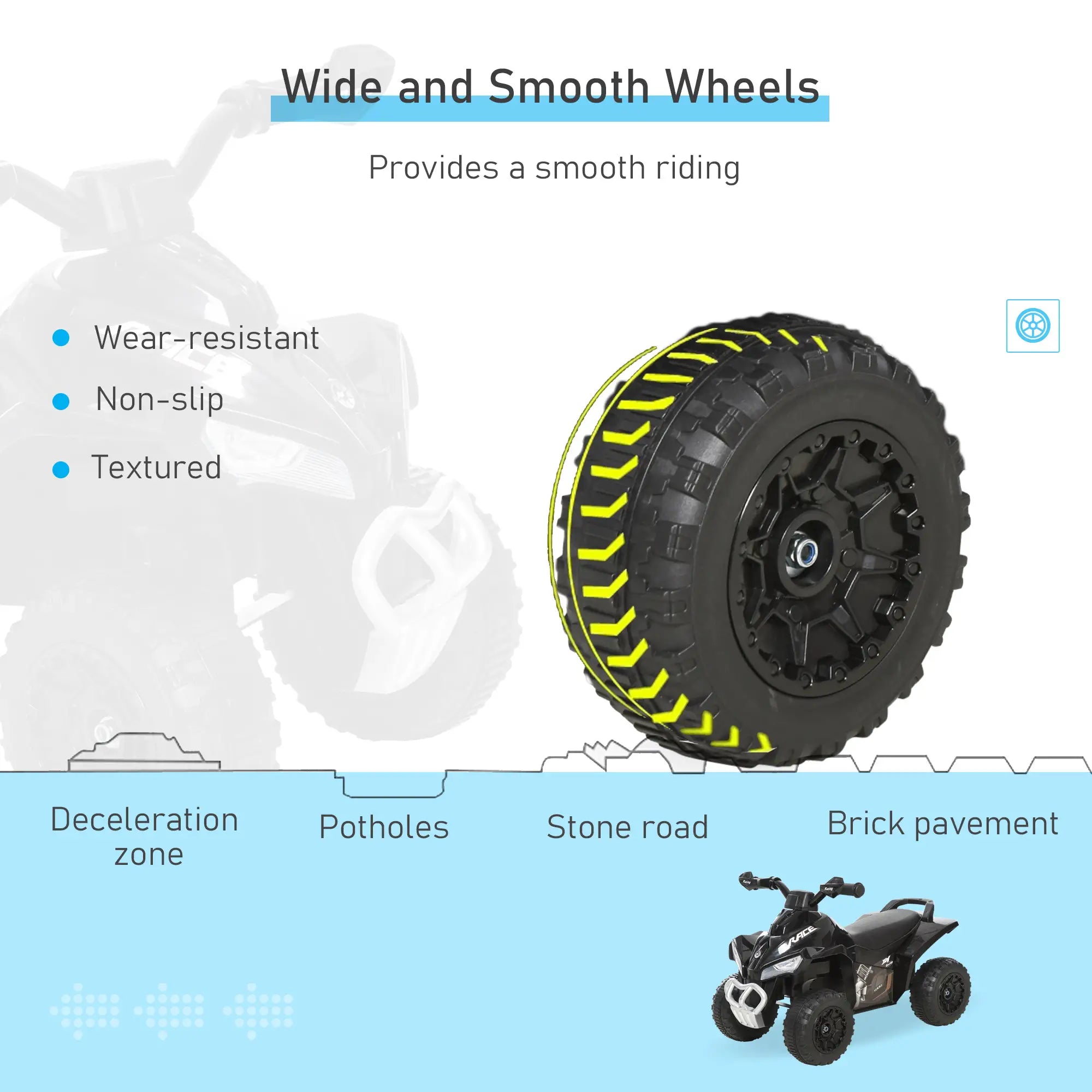 Illustration of a toy car with wide and smooth wheels on a white background