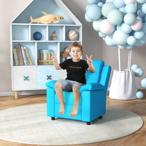 Child sitting on a blue children's chair in a room with a bookshelf and decorative balloons.
