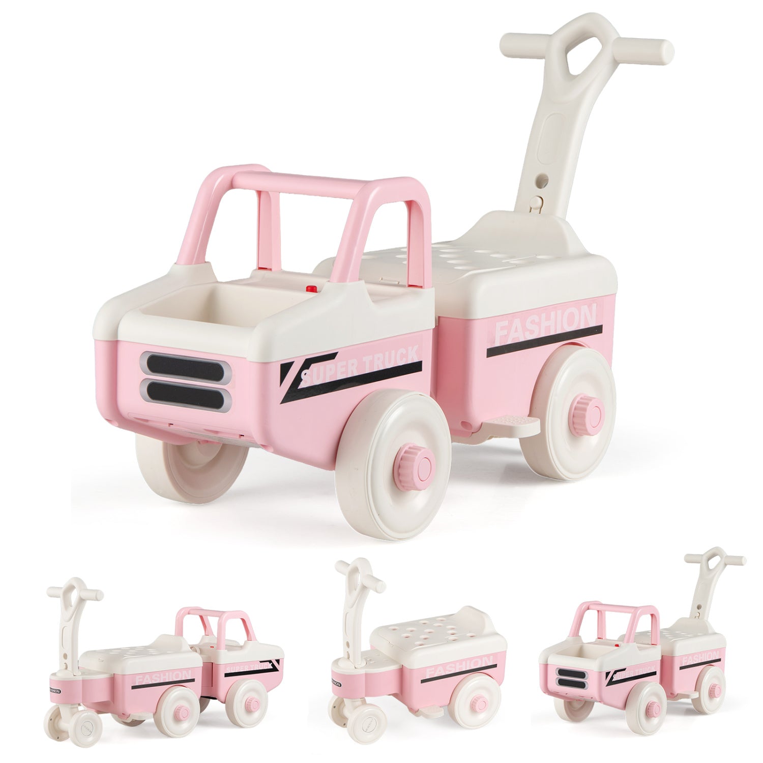 Pink and white children's toy with a push bar and attached wagon on a white background