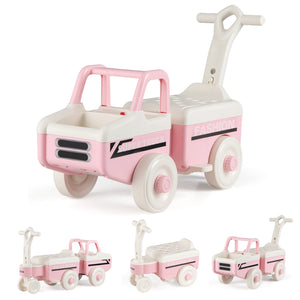 Pink and white children's toy with a push bar and attached wagon on a white background