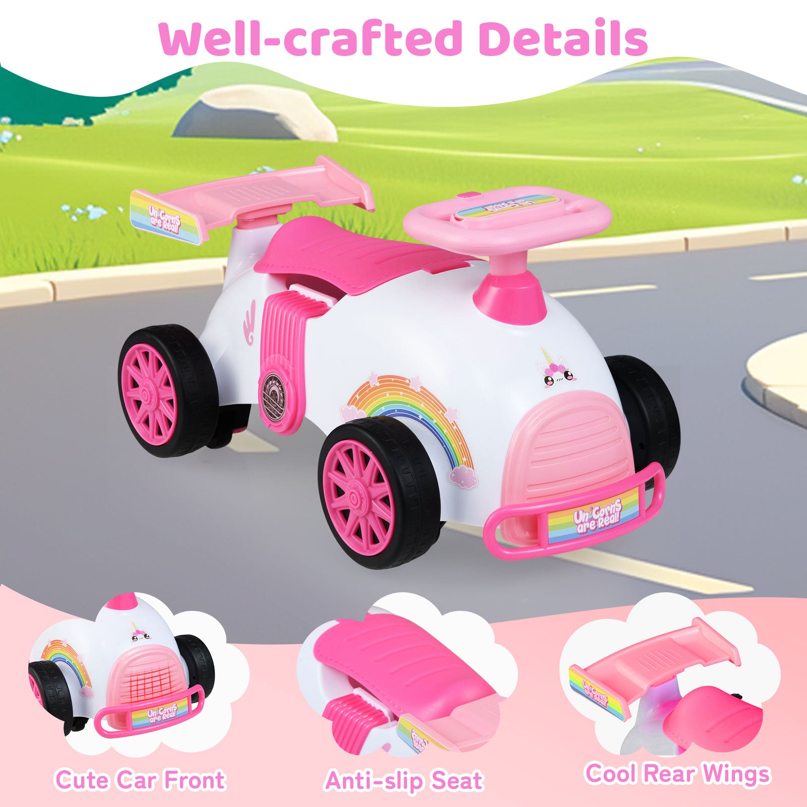 Pink and white toy car with rainbow design on a road with scenic background