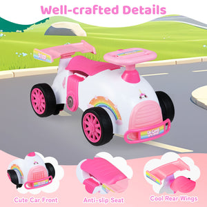 Pink and white toy car with rainbow design on a road with scenic background