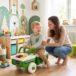 Woman and child playing with a toy truck in a colorful playroom