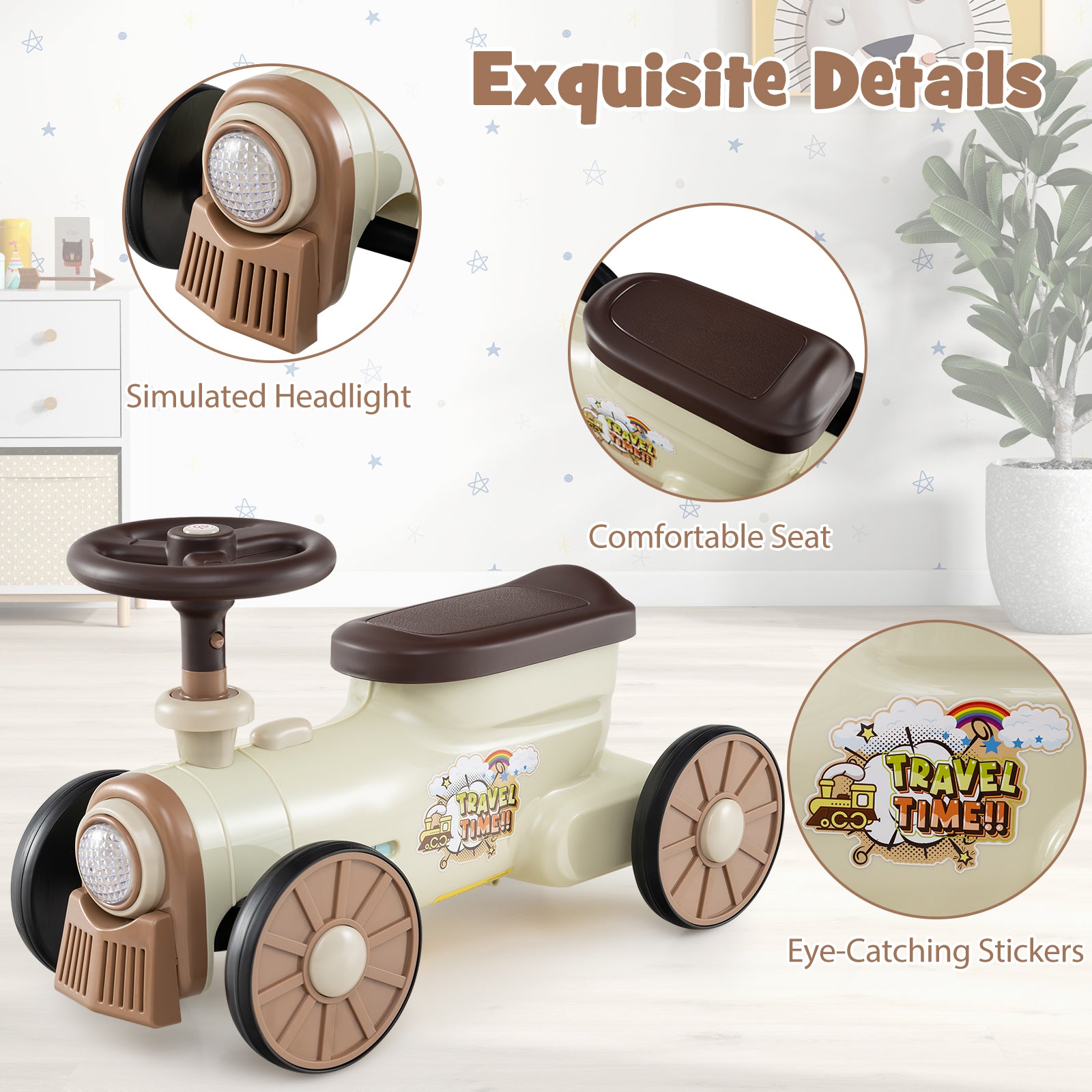 Toy car with highlighted features like simulated headlight, comfortable seat, and eye-catching stickers on a white background.