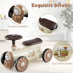 Toy car with highlighted features like simulated headlight, comfortable seat, and eye-catching stickers on a white background.