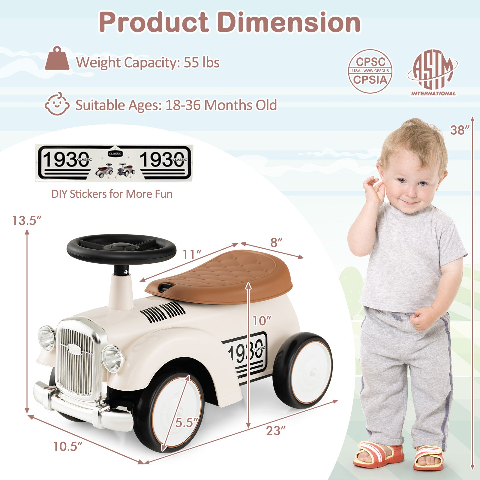 Measurement chart of a toy car with a child for scale, featuring product dimensions and safety certifications.