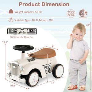 Measurement chart of a toy car with a child for scale, featuring product dimensions and safety certifications.