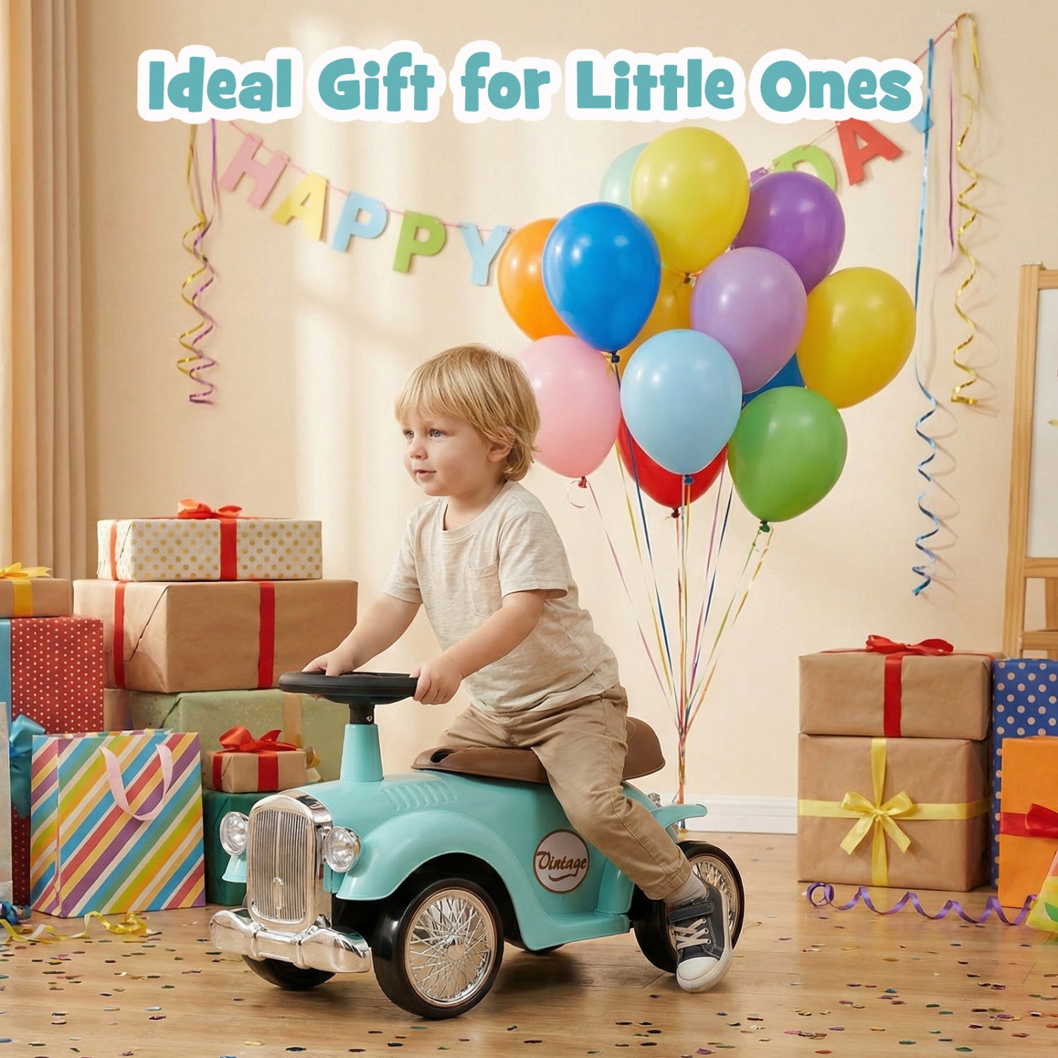 Child playing with a toy car surrounded by balloons and gifts, with text 'Ideal Gift for Little Ones'.