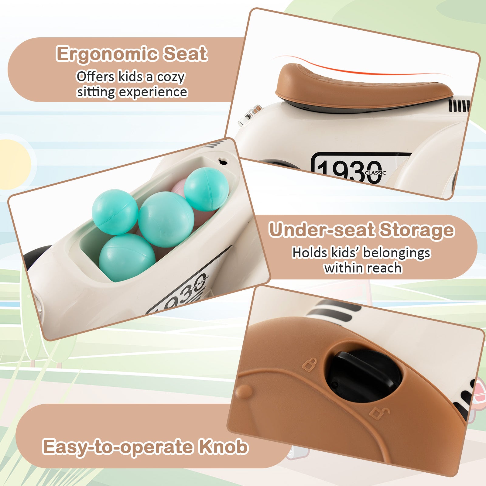 Ergonomic seat with under-seat storage and easy-to-operate knob, featuring the brand '1930'.