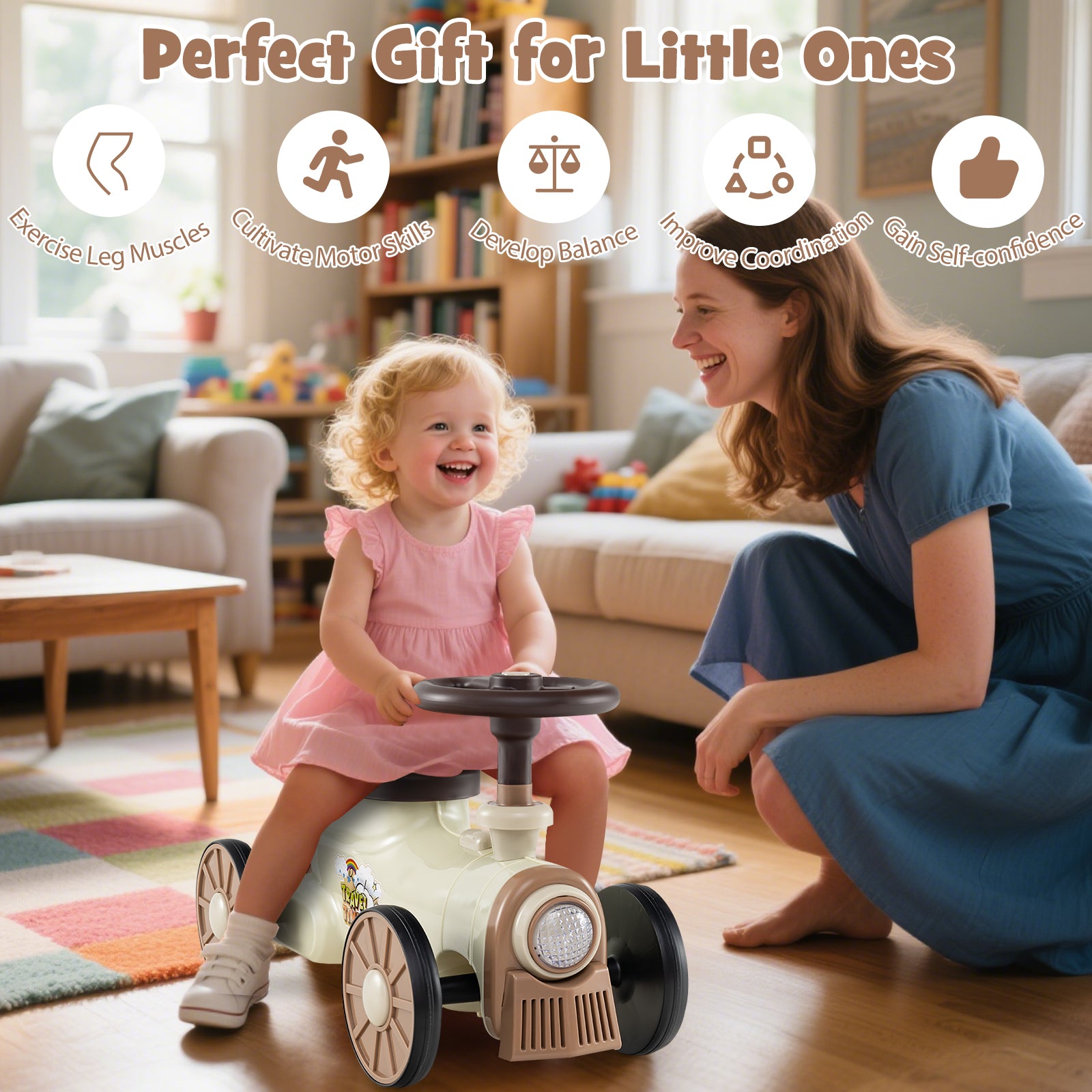 Woman and child playing with a toy car in a living room.
