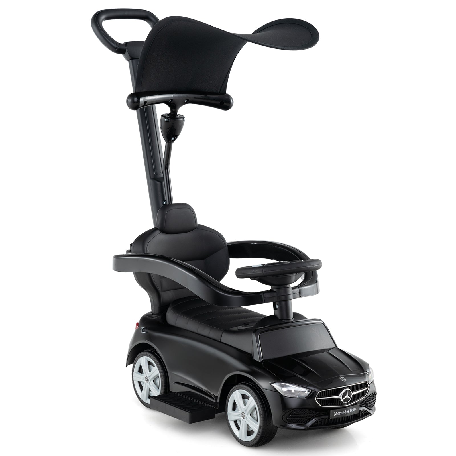 Black toy car with Mercedes-Benz logo on a white background
