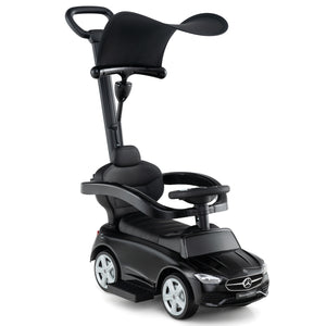 Black toy car with Mercedes-Benz logo on a white background