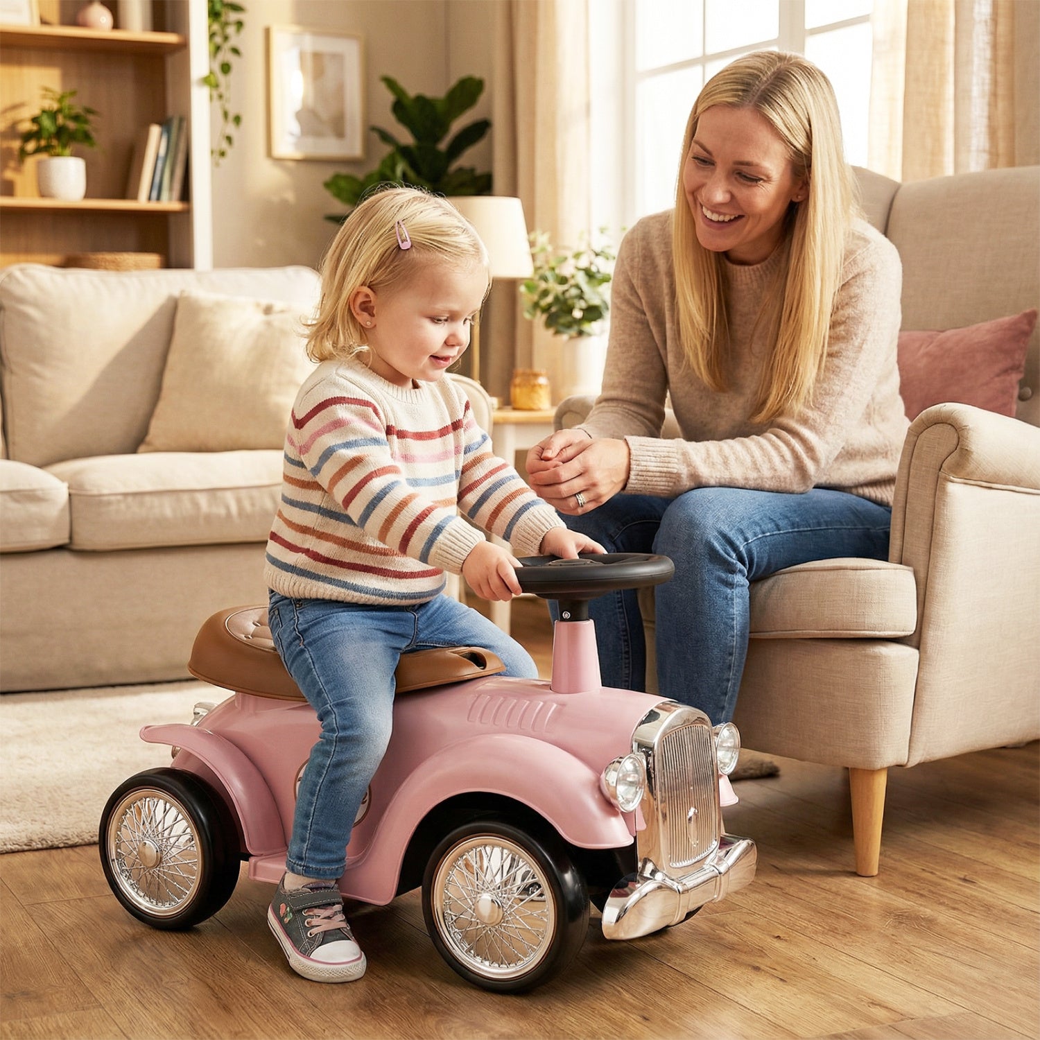 Woman and child playing with a pink toy car in a living room.
