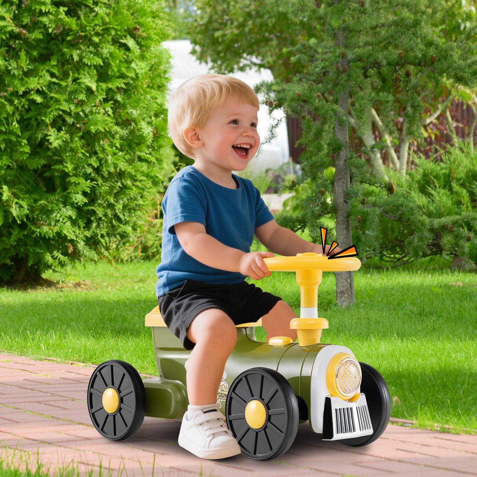 Child riding a toy car outdoors on a sunny day