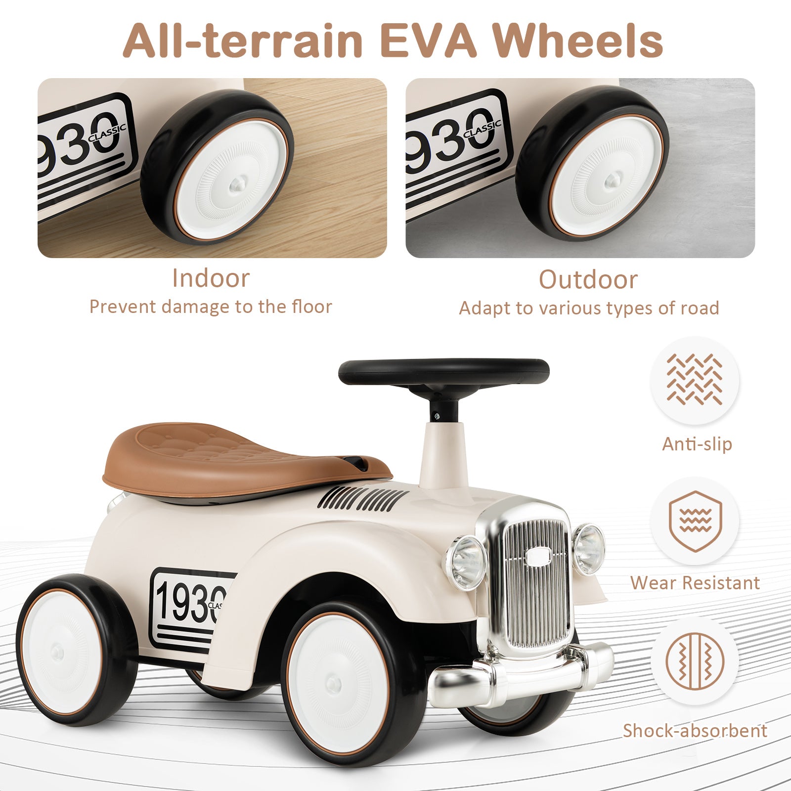 Children's ride-on toy with all-terrain EVA wheels and features highlighted on a white background.