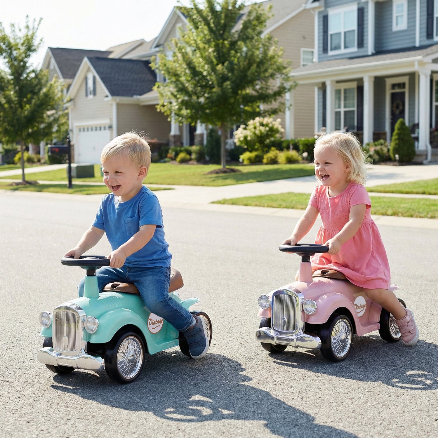 Two children playing with toy cars on a suburban street.