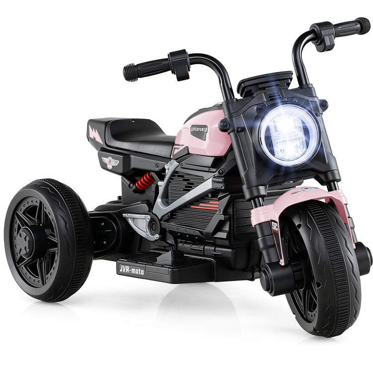 Children's toy motorcycle with pink and black design on a white background