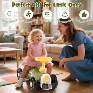 Child on a toy vehicle with a woman in a living room, text about benefits.