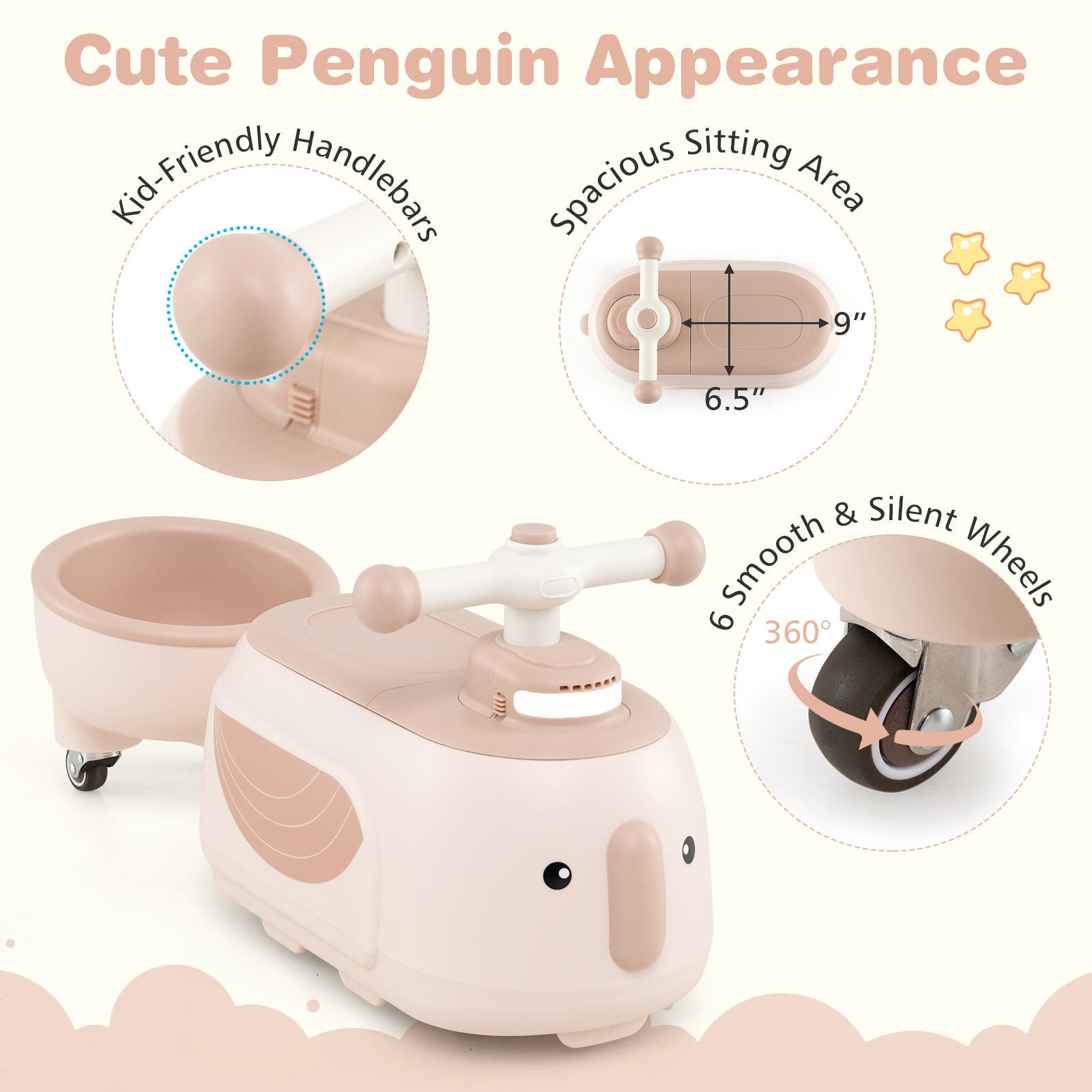 Children's toy with penguin design, featuring kid-friendly handlebars, spacious sitting area, smooth wheels, and pink accents.