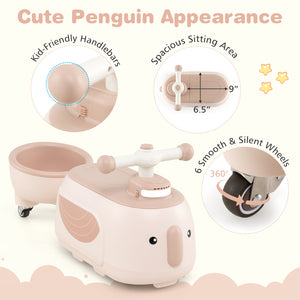 Children's toy with penguin design, featuring kid-friendly handlebars, spacious sitting area, smooth wheels, and pink accents.