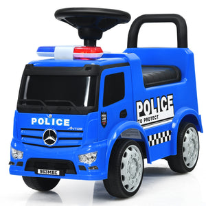 Blue toy police car with Mercedes-Benz logo on a white background