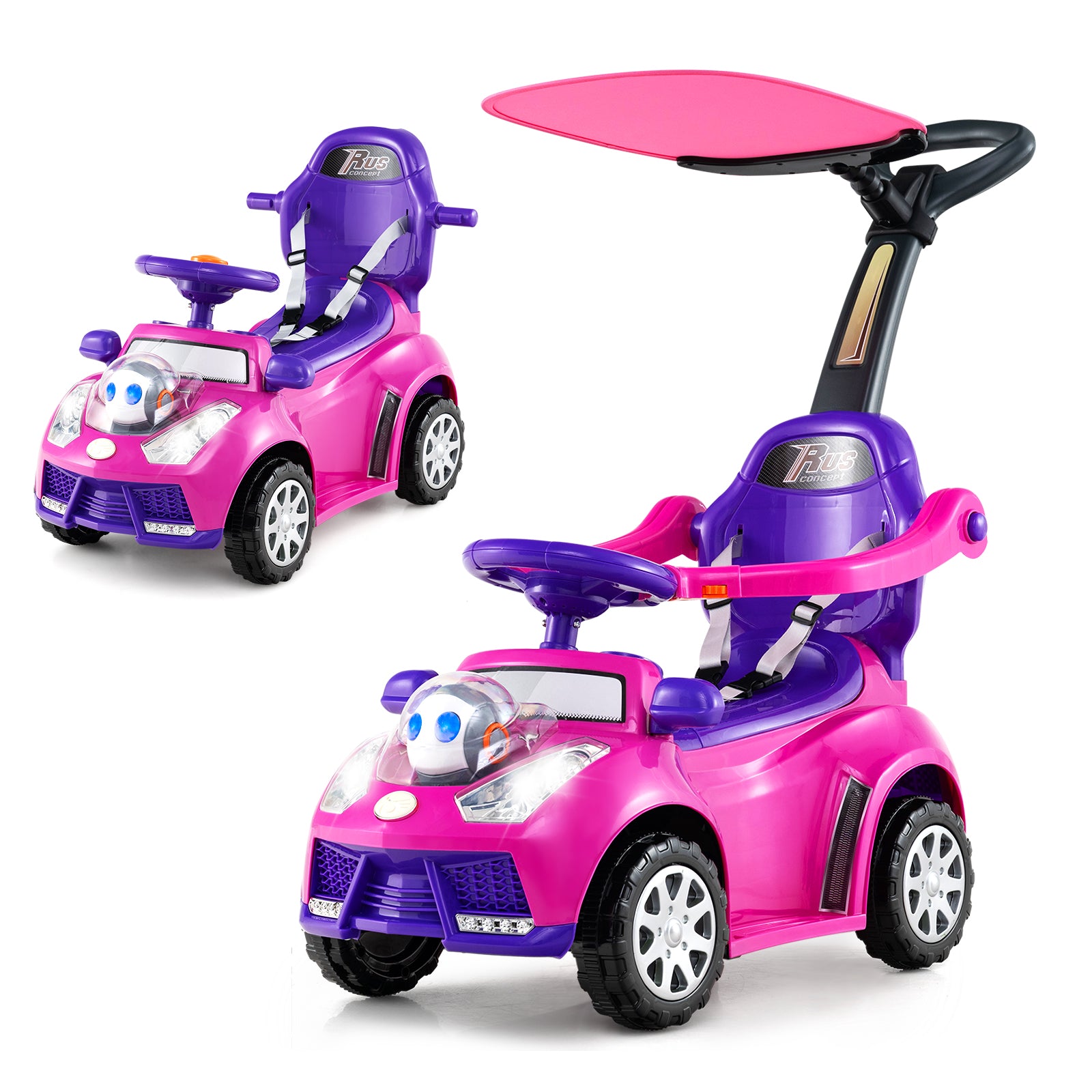 Pink and purple toy car with a canopy on a white background
